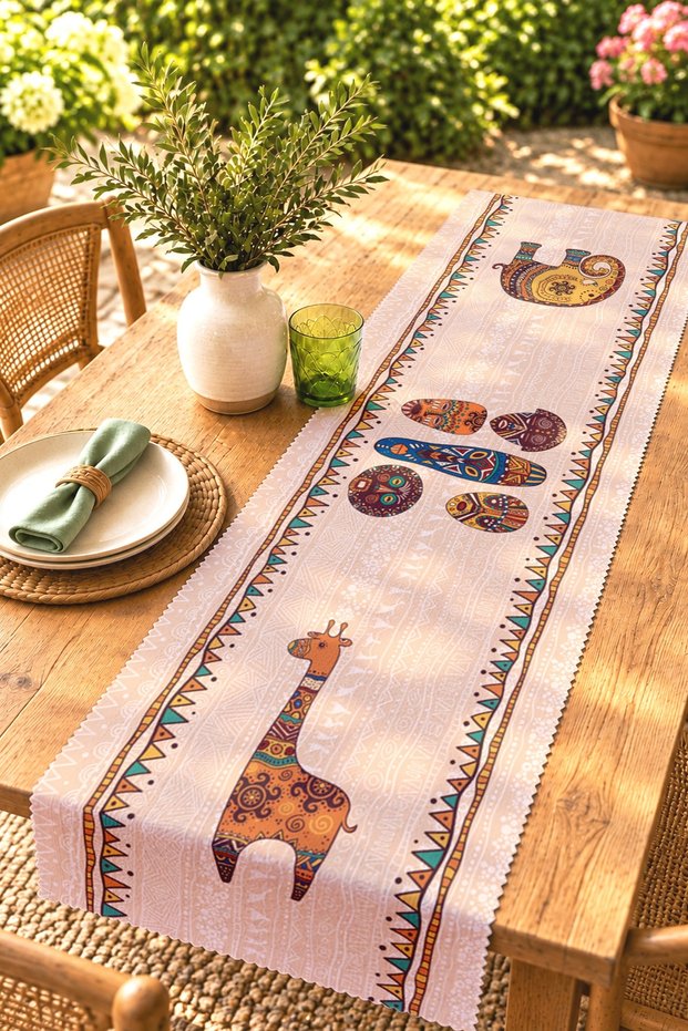 Ethnic Elephant Giraffe Hipo Masks Patterned Runner / Tablecloth / Placemat