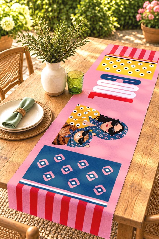 Cool Women and Cat Patterned Runner/Tablecloth/Placemat