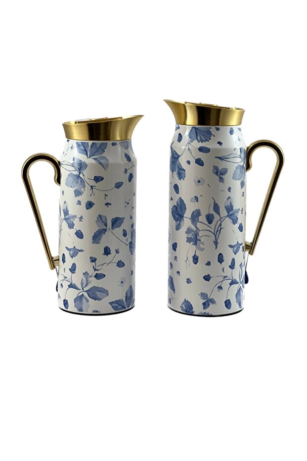 2-Piece Thermal Flask Set, 0.75L & 1L, White / Blue / Gold