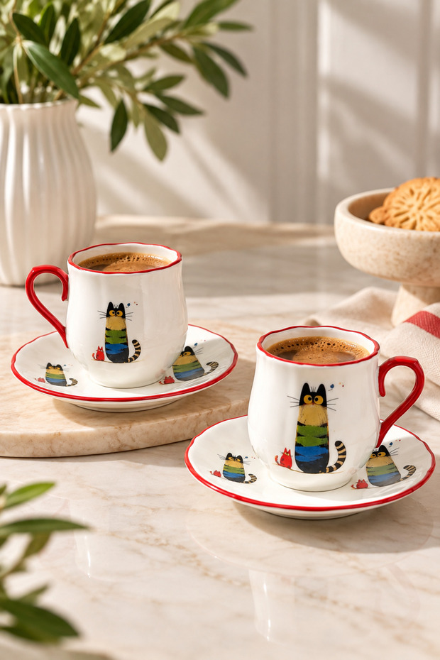 2-Person Porcelain Cat Patterned Red Gilded Coffee Cup Set 90ml