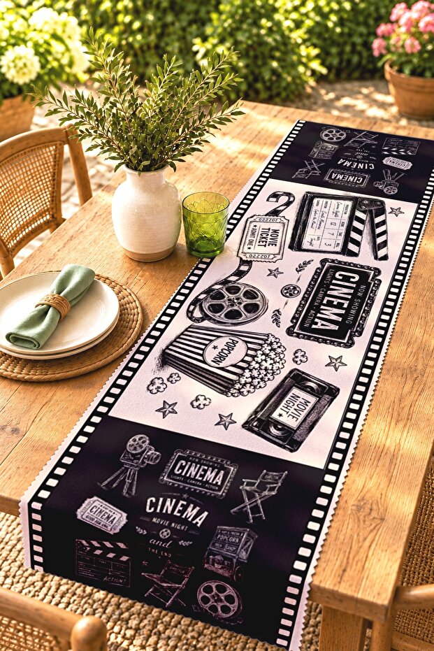 Black and White Cinema Instruments Patterned Runner/Tablecloth/Placemat