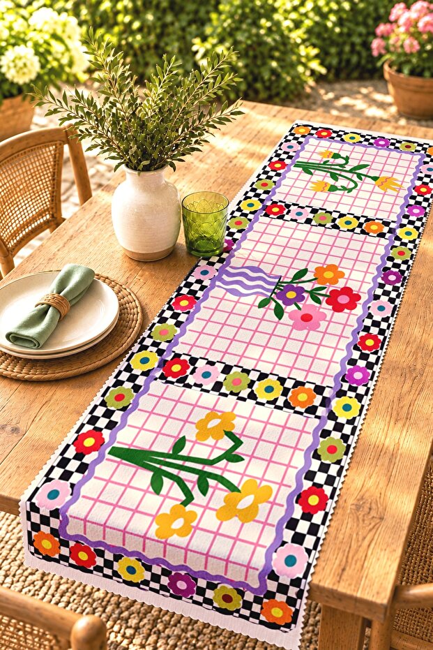 Checkered Flowers Patterned Runner / Tablecloth / Placemat