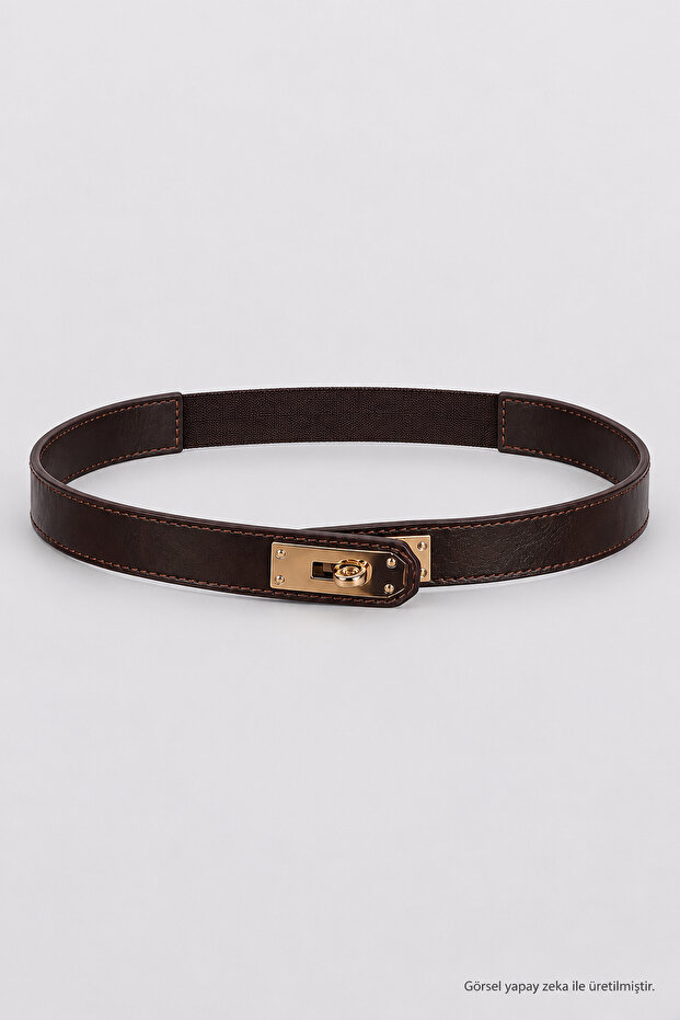 Interlocking Gold Buckle Elastic Faux Leather Belt Lkm0017 Brown