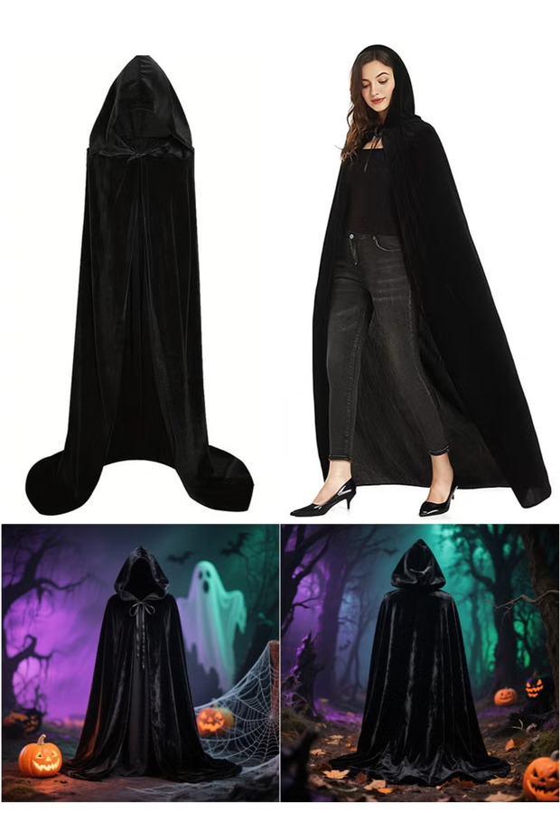 170cm All Black Velvet Hooded Cloak for Adults, Death Reaper Wizard Role Playing Cloak, Ghost Festival Personalized Horror Dress Up Prop Cloak, Halloween Ball Party Cosplay Costume for Men and Women