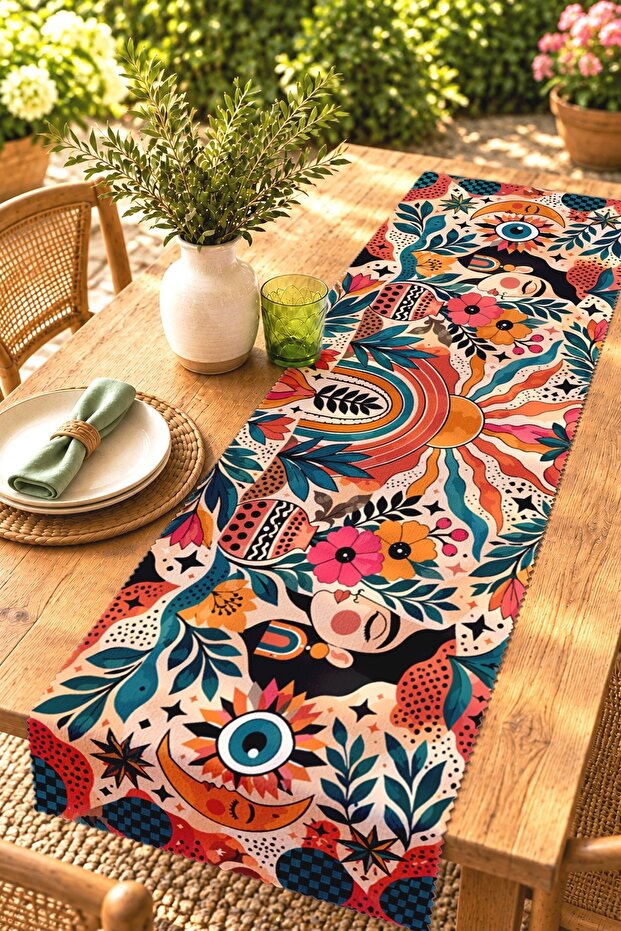 Retro Moon Girl Sun Patterned Runner/Tablecloth/Placemat
