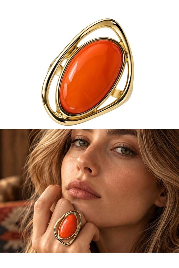 Adjustable Oval Stone Detailed Vintage Ring for Women Orange