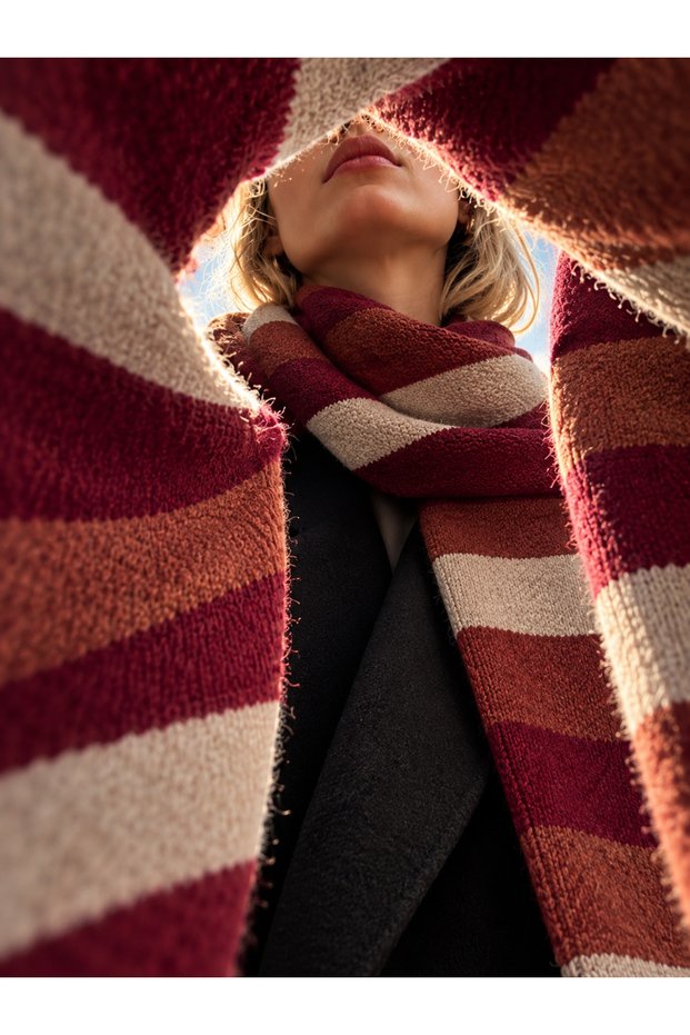 Retro Striped Oversize Knitwear Scarf Unisex Claret Red