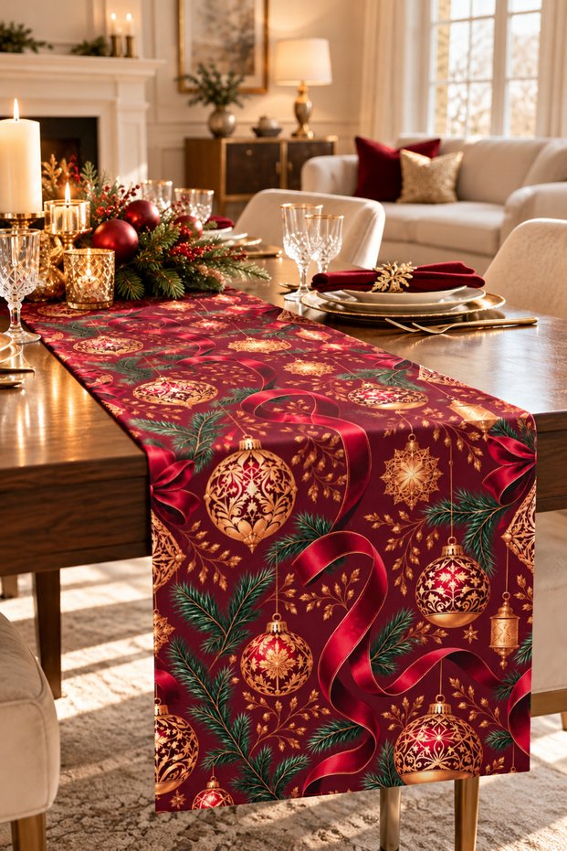 Decorative Digital Printed Suede Runner 40X140 cm - Royal Christmas - New Year - New Year's Eve