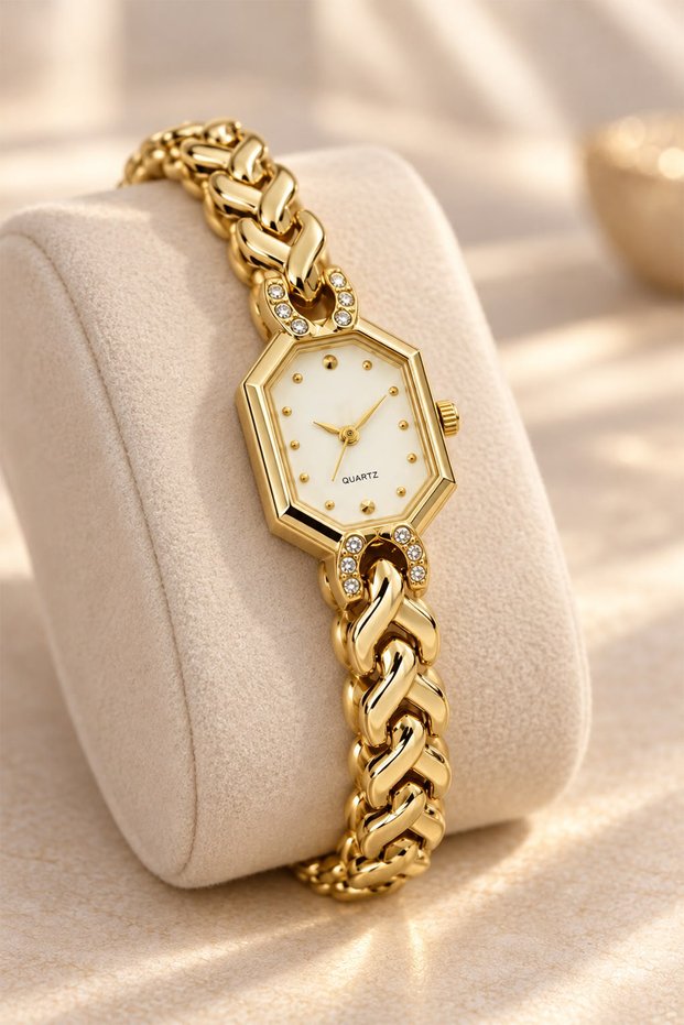 Minery Women's Wristwatch Gold Color Geometric Case Stone Detail Cream Dial Thick Chain Steel Bracelet Stylish Elegant Luxury Design Analog Watch