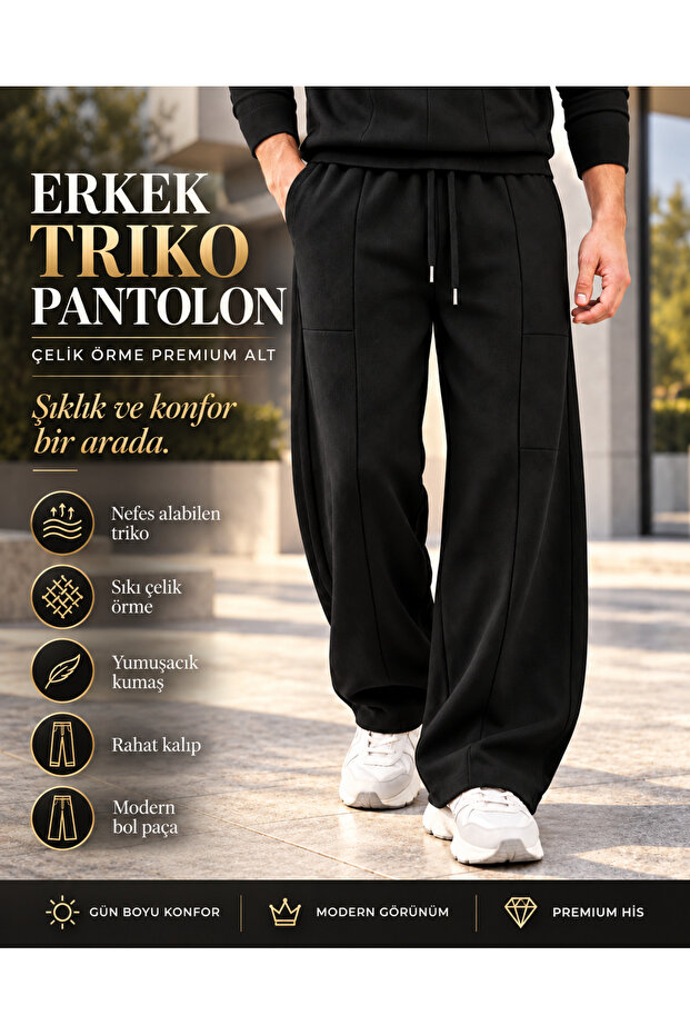 Men's steel knit trousers – wide leg relaxed fit elastic waist tie vertical striped men's trousers