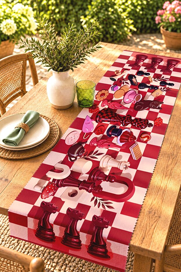 Red Chess Patterned Runner / Tablecloth / Placemat