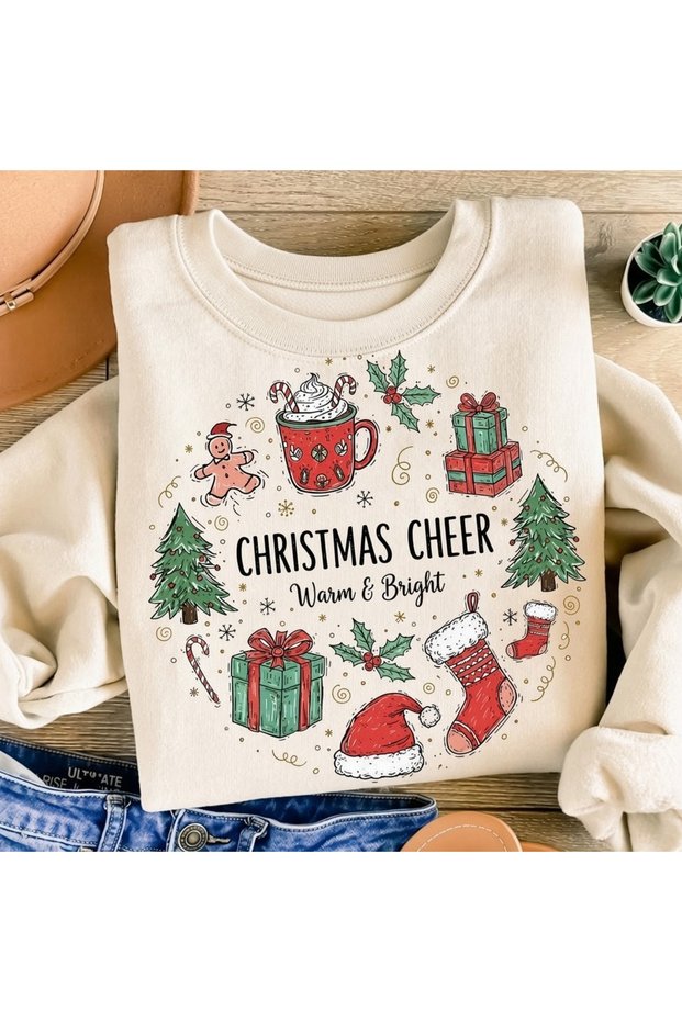 Merry Christmas Printed Cotton 3 Thread Threaded Crew Neck Oversize Sweatshirt