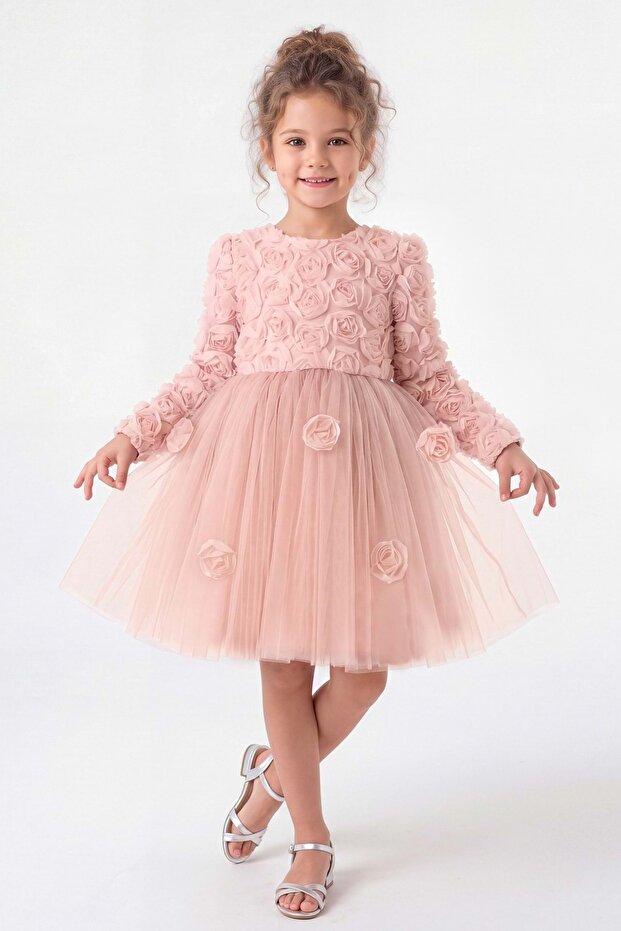 Rozella Rose Detailed Long Sleeve Girls Tutu Dress Evening Dress M00879 Pudra