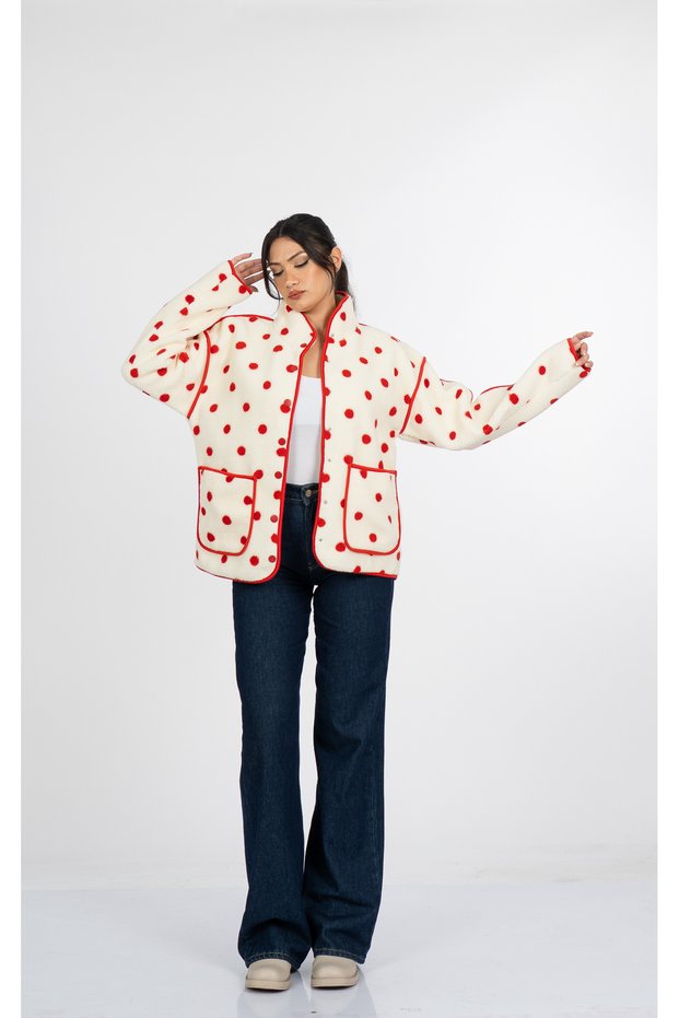 Women's Winter Red Polka Dot Plush Fleece Jacket with Stand Collar, Snap Closure, Pockets, Ecru Red Patterned Jacket 4099
