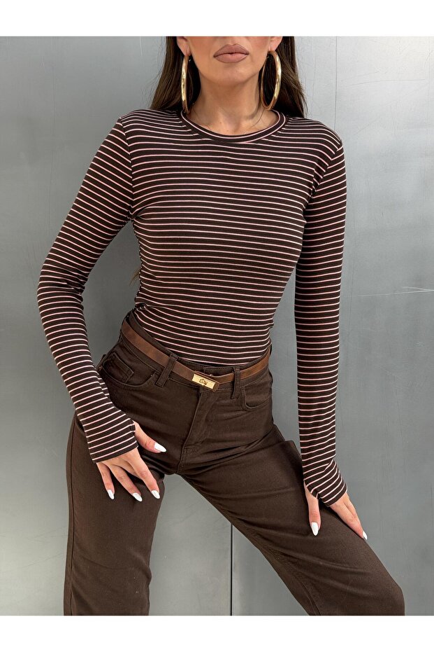Women's Viscose Ribbed Striped Crew Neck Finger-Loop Slim Fit Long Sleeve T-Shirt - Brown Pink Stripes