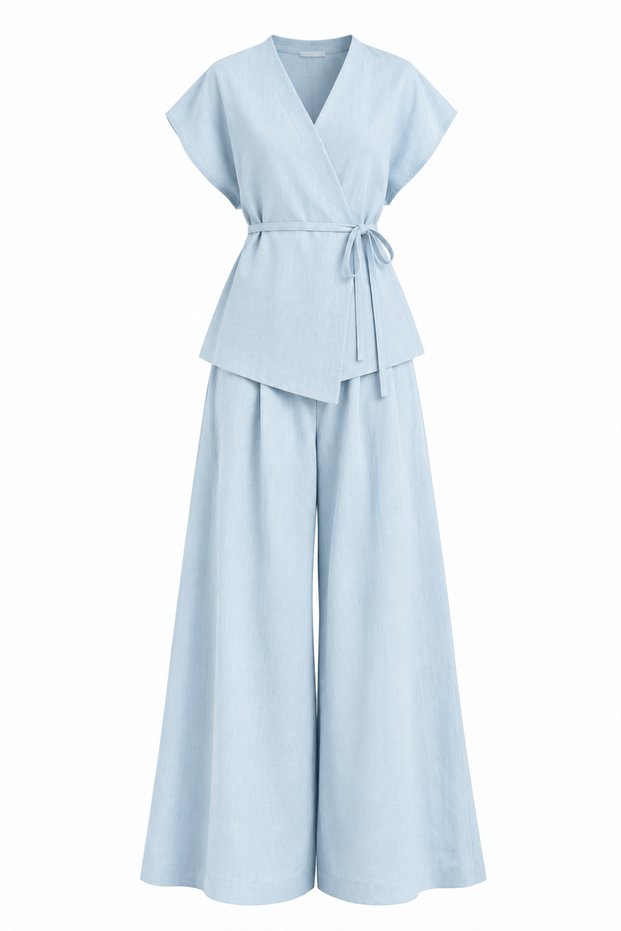 Blue Rope Belted Linen Vest Suit - 2Y8591