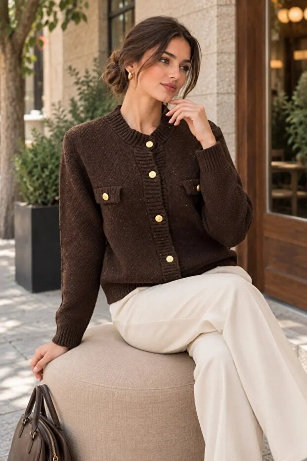 Women's Premium Viscose Blended Gold Buttoned Knitwear Jacket - Standard Size Cardigan 8750