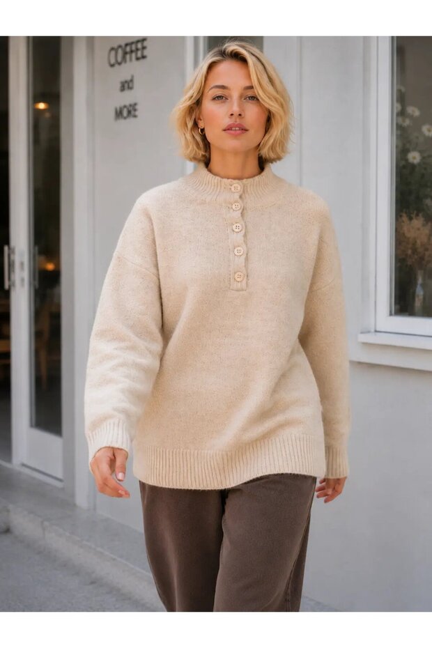 Women's Stand Collar Button Detailed Soft Textured Knitwear Sweater 8738