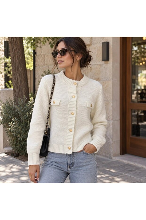 Women's Premium Viscose Blended Gold Buttoned Knitwear Jacket - Standard Size Cardigan 8750