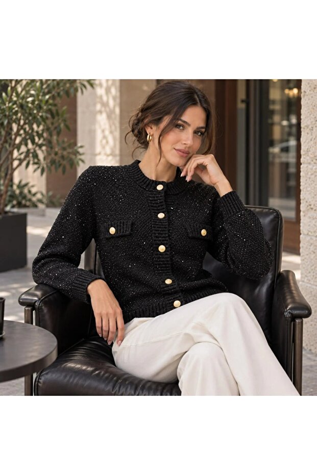 Women's Premium Viscose Blended Gold Buttoned Knitwear Jacket - Standard Size Cardigan 8750