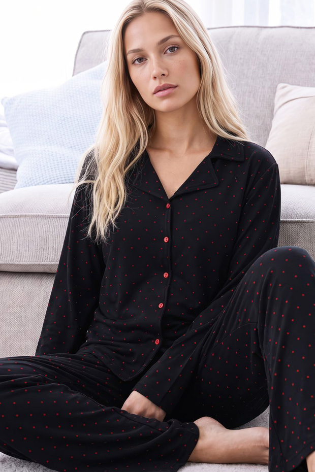 Black Patterned Thermal Fabric Ultra Soft Soft Buttoned Knitted Pajama Set26226129