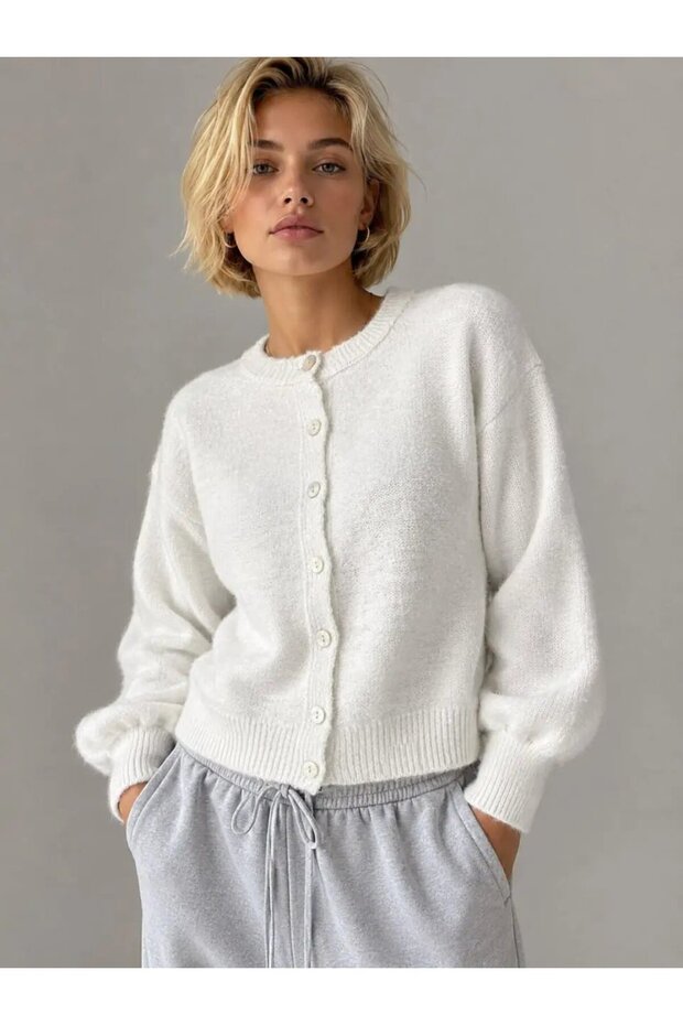 Women's Soft Textured Crew Neck Crop Knitwear Cardigan 8760