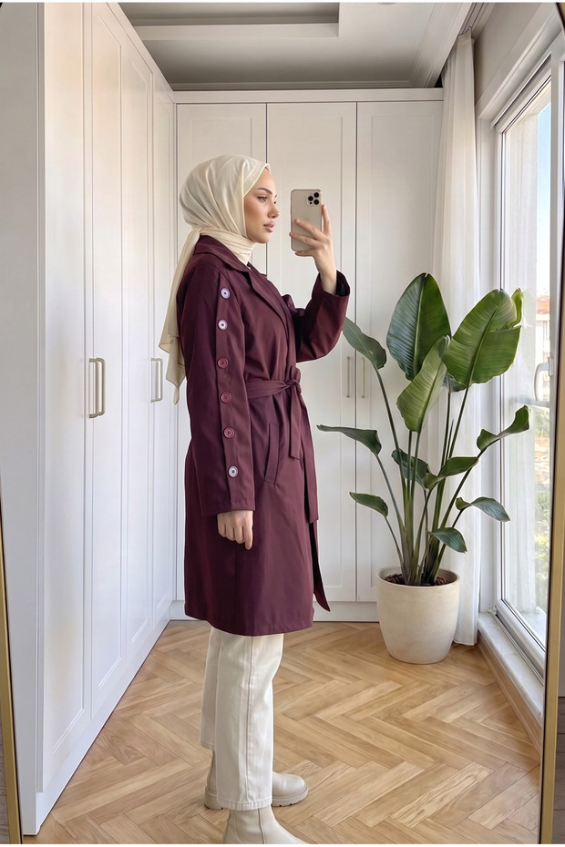 Women's Classic Collar Long Trench Coat with Cufflinks