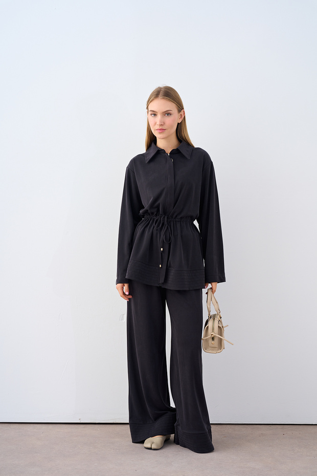 Women's Skirt with Stitching Detail, Tie-Waist Shirt Collar, Trouser Suit, Black