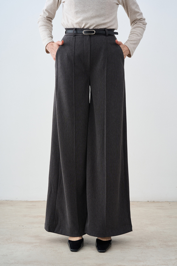 Double Pocket Belted Grass Detail Wide Leg Trousers Anthracite