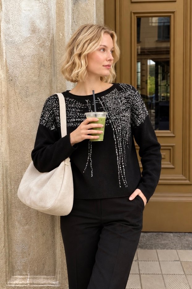 Women's Black Crew Neck Patterned Knitwear Sweater