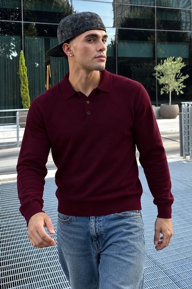 Men's Polo Collar Long Sleeve Burgundy Knit Sweater
