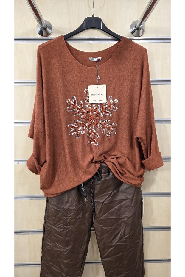 Italian Blouse with Snowflake Pattern and Sequin Embroidery