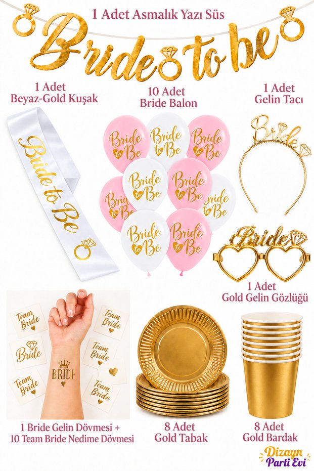Bride to Be Bachelorette Set for 8 People Gold / Silver Bridal Party Decoration and Tableware Set