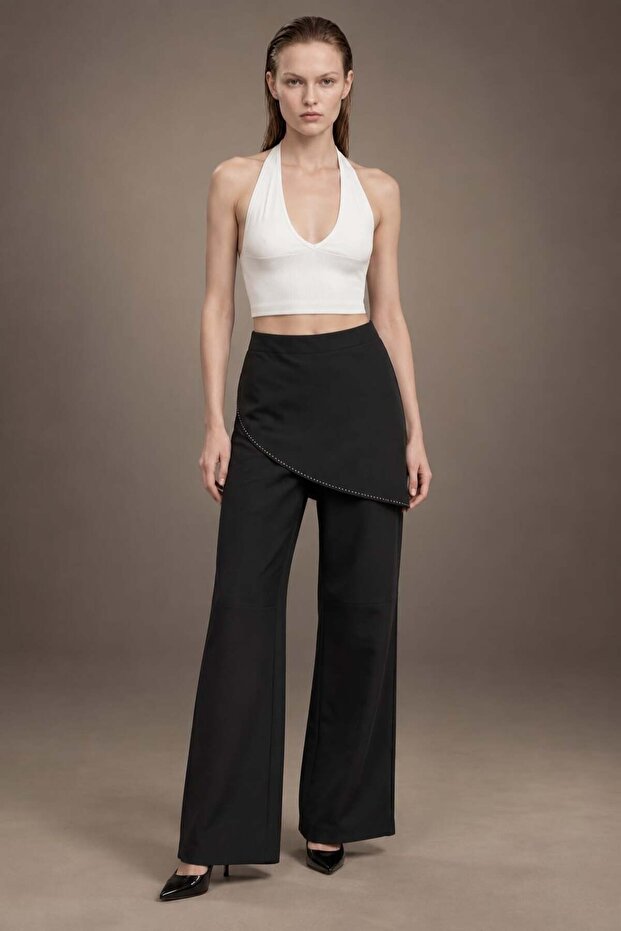 Straight-Cut Linen Trousers with Side Scarf Detail