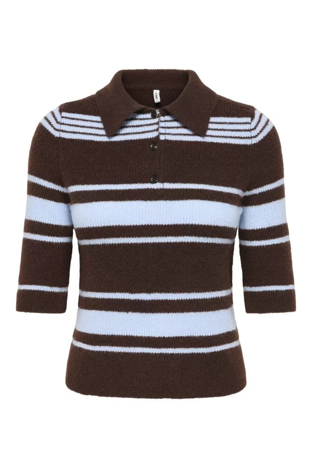 Onllouisia Women's Polo Neck Striped Short Sleeve Knitwear Blouse Coffee Bean Brown
