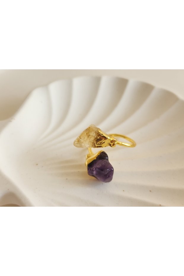 Amethyst and Citrine Natural Stone Brass Ring