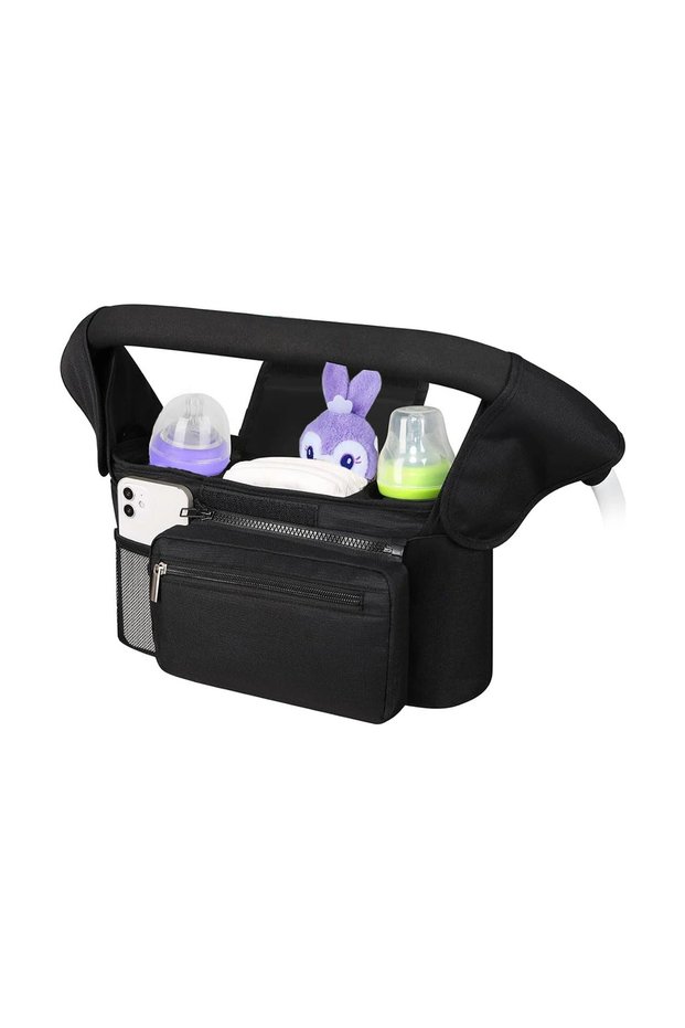 Universal Baby Stroller Organizer Bag with Multiple Pockets, Zipper Storage and Bottle Holders, Black