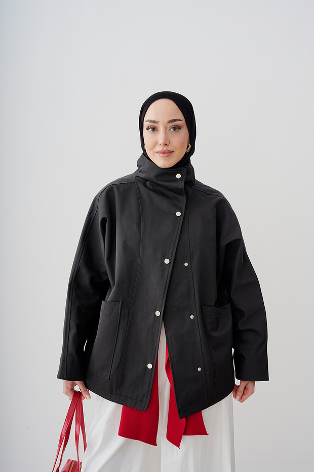 Women's Snap Pocket Detail Short Trench Coat Black