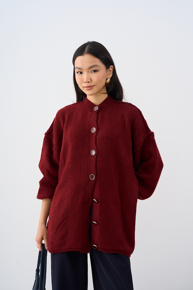 Women's Crew Neck Buttoned Knitwear Cardigan Claret Red