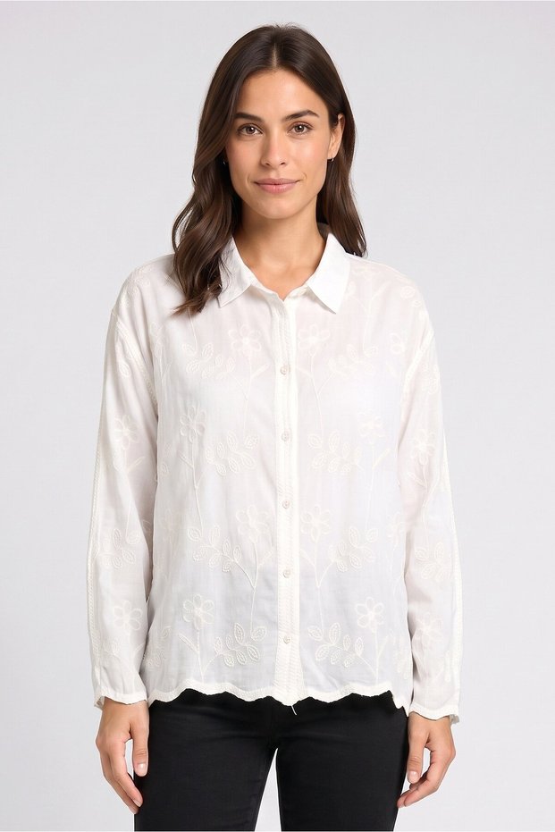 Women Pointed Collar Embroidered Long Sleeve Shirt, Ivory