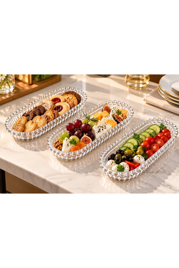Set of 3 Glass Kayak Plates 19 cm – Transparent with Beaded Edges, Breakfast Plate, Jam Bowl, Snack Bowl and Presentation Plate