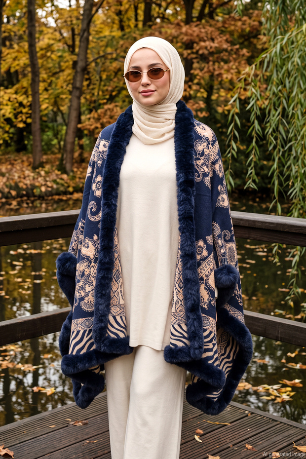 Women's Shawl Pattern Woven Poncho Pnc16 Navy Blue