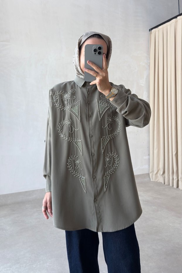 Orion Beaded Embroidered Shirt - Khaki