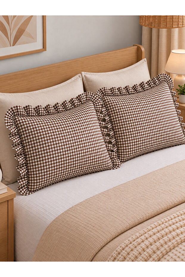 Iris 2 Pieces Linen Mini Gingham Pillowcase Brown