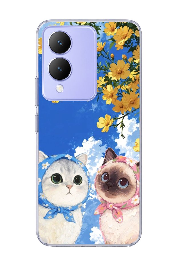 Vivo Y17S Compatible Cats with Scarf Yellow Flower Printed Transparent Phone Case