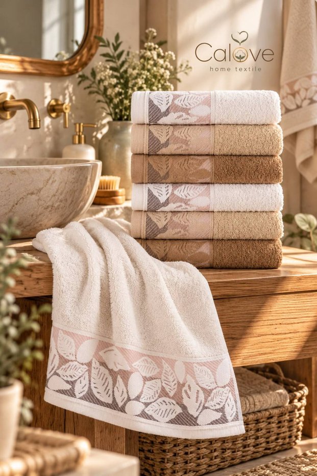 Vina 6-Piece Cotton Hand and Face Towel Set 50X90 cm – Soft Textured, Leaf Patterned Bath and Kitchen Towels