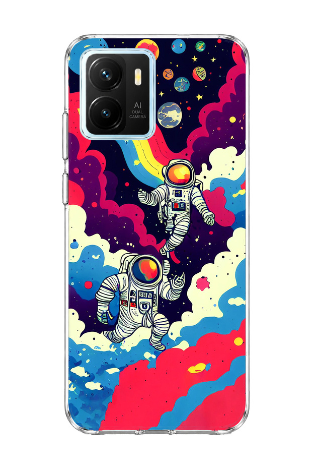 Vivo Y15S Compatible Astronaut and Rainbow Printed Transparent Phone Case
