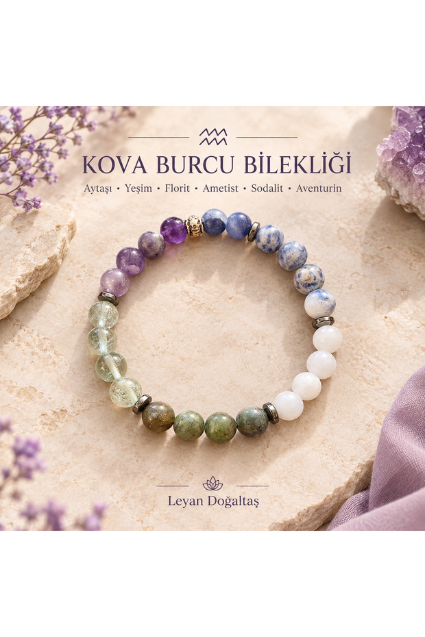 Leyan Natural Stone Aquarius Bracelet – Moonstone, Jade, Fluorite, Amethyst, Sodalite, and Aventurine Natural Stone Design Bracelet