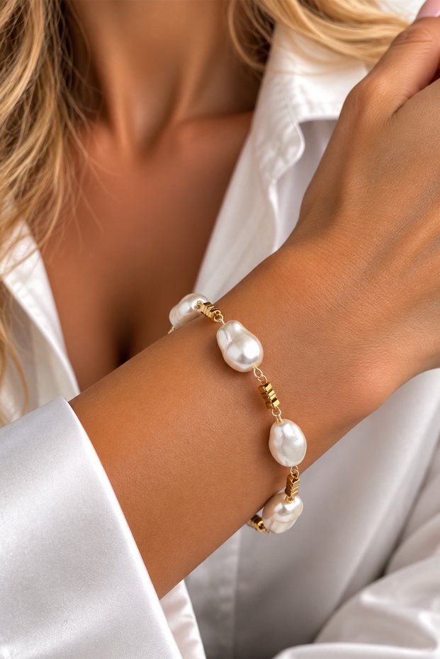 Gold Color Detailed Baroque Pearl Look Bracelet (18cm)