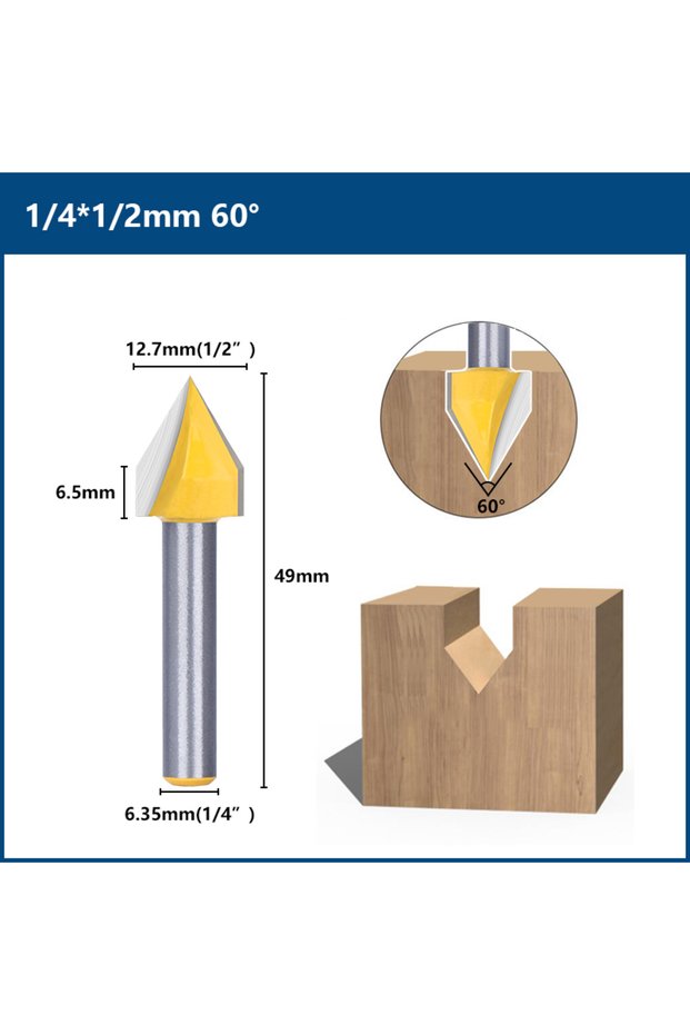 6.35x12.7mm 60D XCAN V Groove Bit 60/90 Degrees 1/4 Shank with 1/4 3/8 1/2 Diameter Carbide Wood Mil